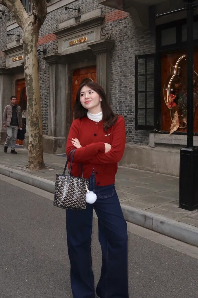 Red Cardigan + White Turtleneck + Dark Blue Wide-Leg Jeans