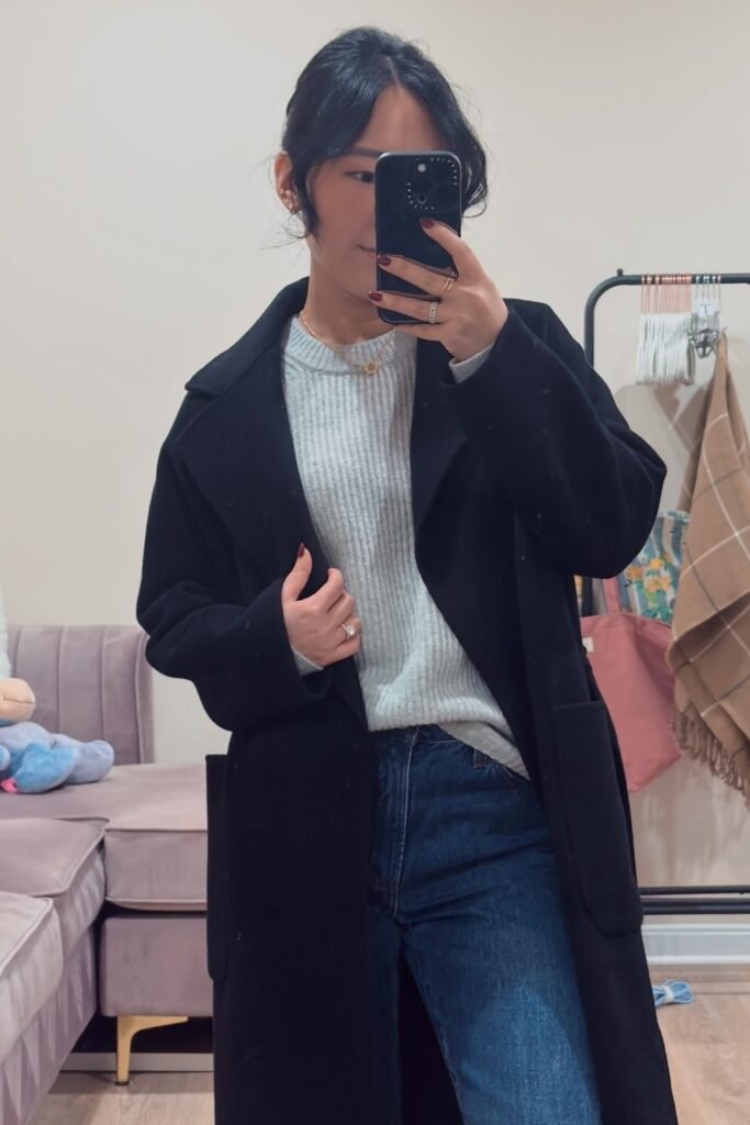 Black Long Coat + Light Grey Sweater + Blue Jeans