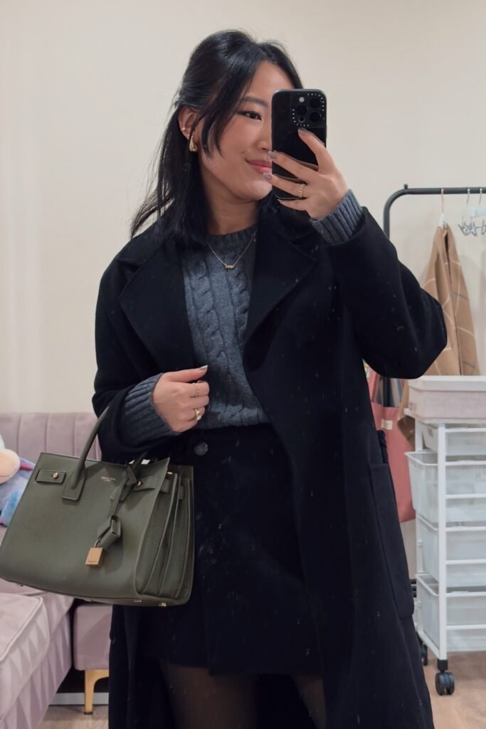 Black Long Coat + Grey Cable Knit Sweater + Black Mini Skirt + Black Tights + Olive Green Tote Bag
