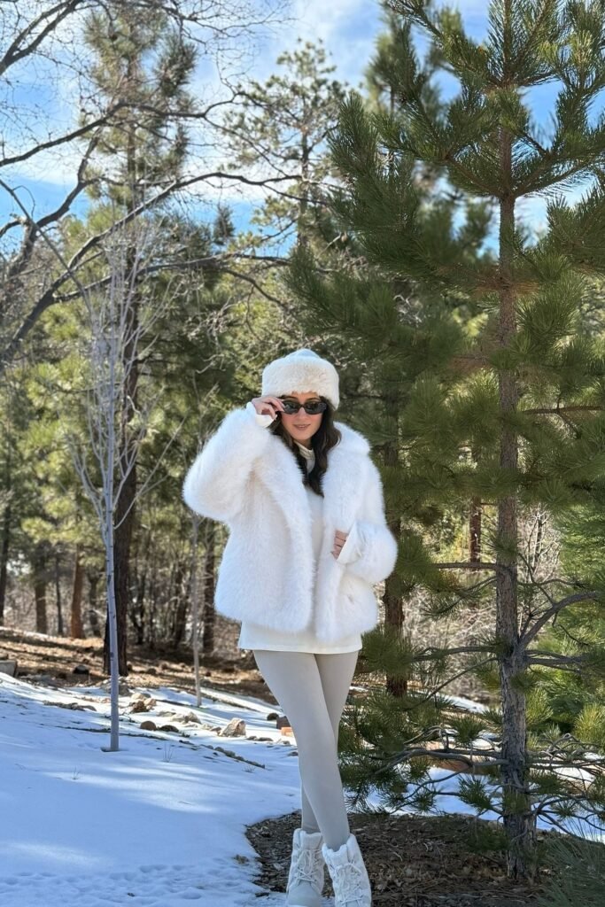  White Shearling Jacket + Beige Trousers + White Sneakers
