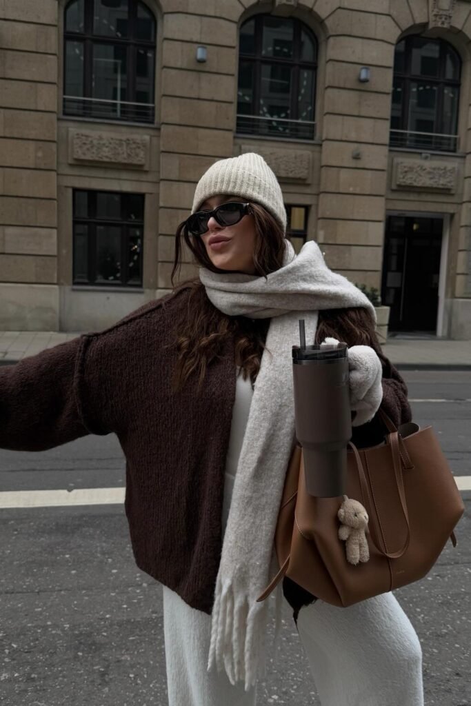 Brown Oversized Jacket + White Pants + White Scarf + Beige Beanie + Brown Tote Bag