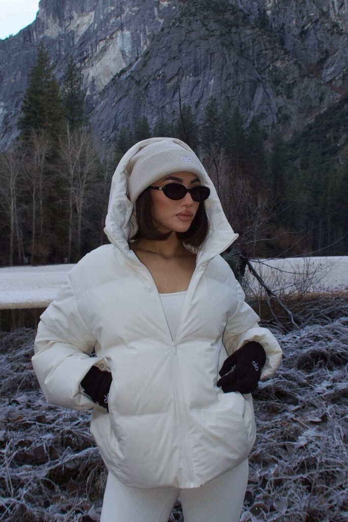 White Puffer Jacket + White Ribbed Set (Top + Leggings) + Beige Beanie + Black Gloves + Sunglasses