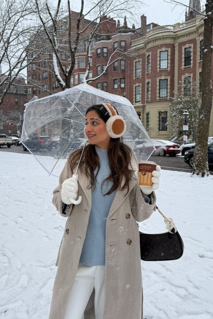 Black Long Coat + White Blazer + Black Top + Blue Flared Jeans + Black Tote Bag