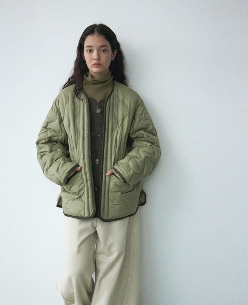 Olive Quilted Jacket + Brown Knit Sweater + Olive Turtleneck + Cream Wide-Leg Pants