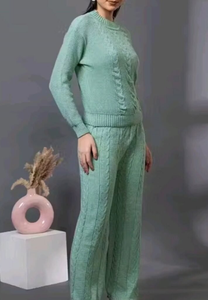 Mint Green Knit Sweater + Mint Green Knit Wide-Leg Pants (Co-ord Set)