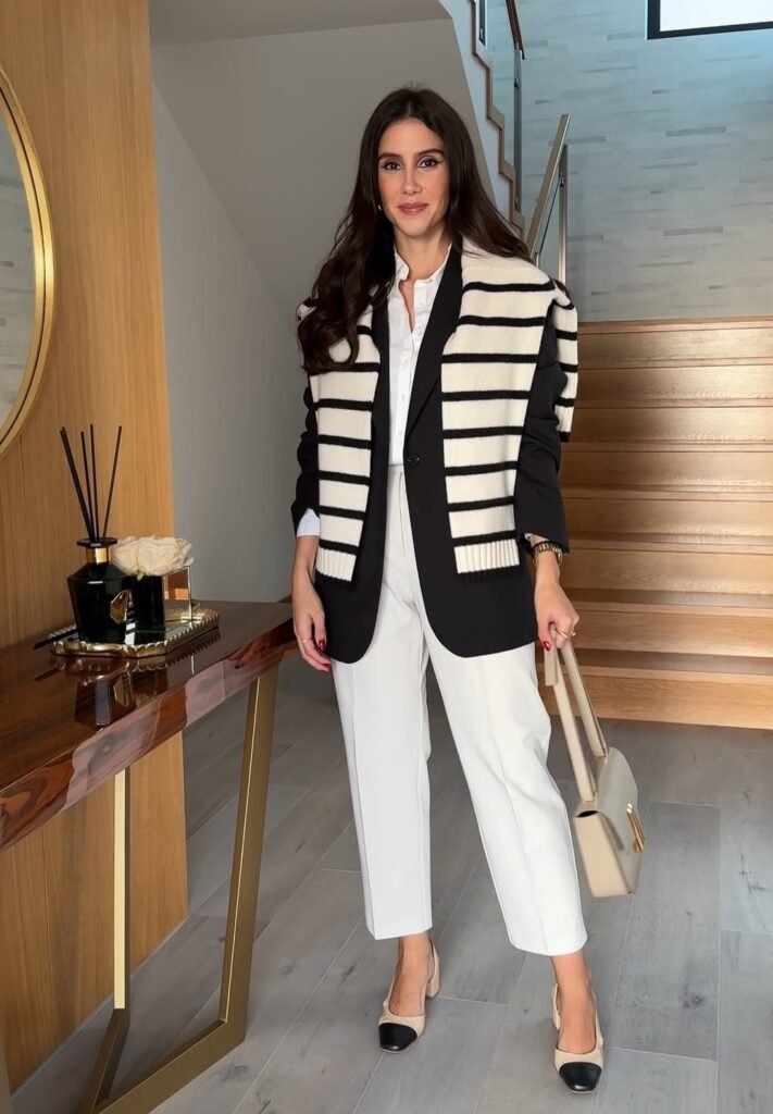 Black Blazer + White Button-Up Shirt + White Trousers + Striped Sweater Drape