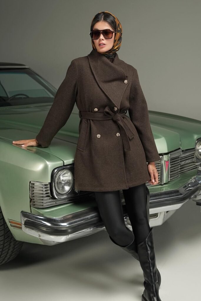 Dark Brown Double-Breasted Belted Coat + Black Leggings + Black Knee-High Boots + Brown Printed Silk Scarf + Sunglasses