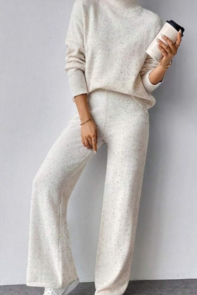 Cream Knit Turtleneck Sweater + Cream Knit Wide-Leg Pants (Co-ord Set) + White Sneakers