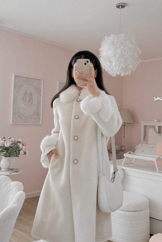 White Long Coat with Faux Fur Collar & Cuffs + White Mini Shoulder Bag