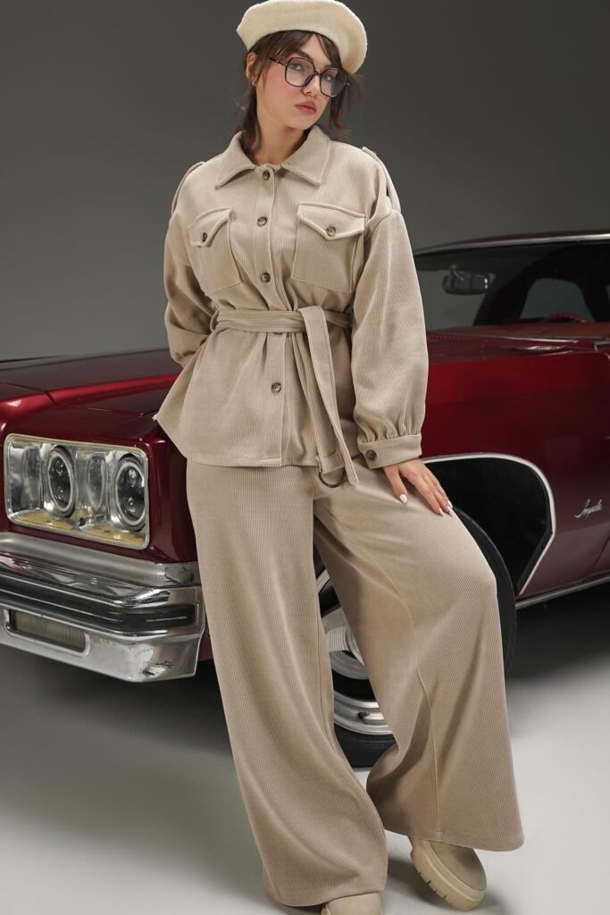 Beige Corduroy Belted Jacket + Beige Corduroy Wide-Leg Pants + Beige Beret + Glasses + Beige Platform Shoes