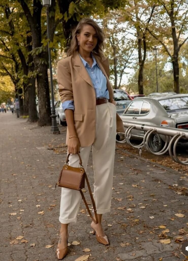 Camel Blazer + Blue Striped Shirt + Cream Pleated Pants
