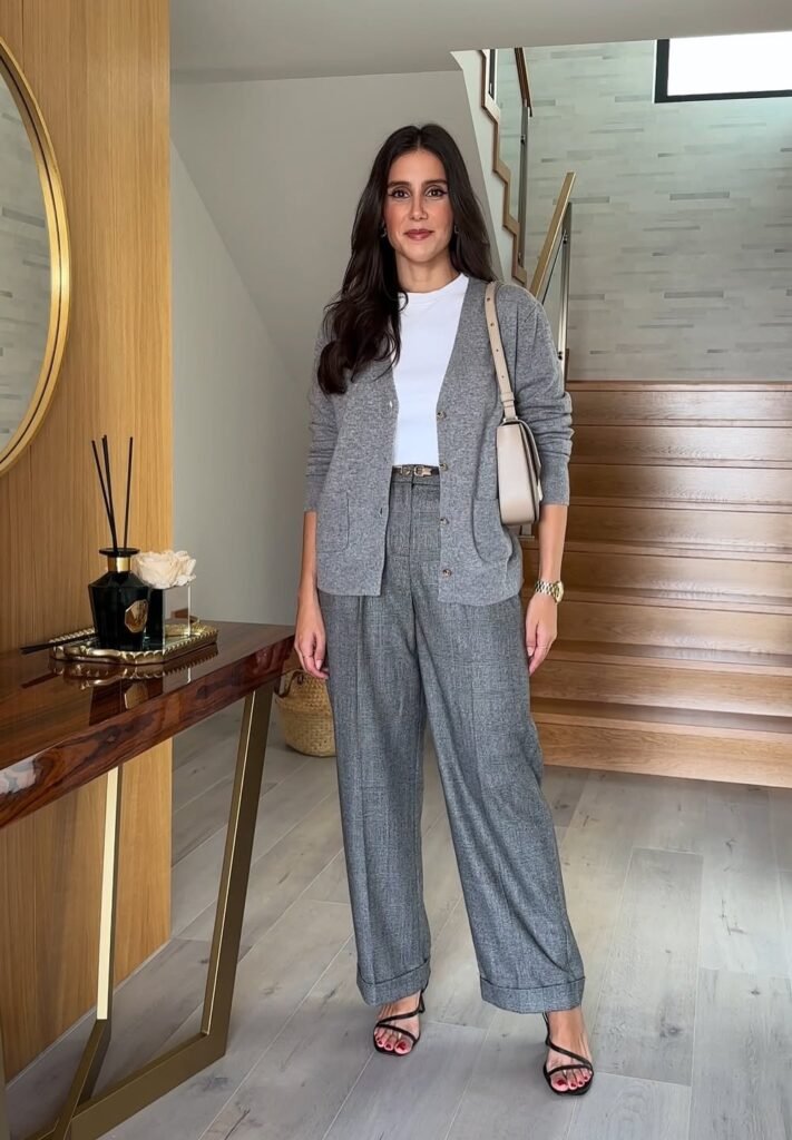 Grey Cardigan + White T-Shirt + Grey Plaid Wide-Leg Trousers