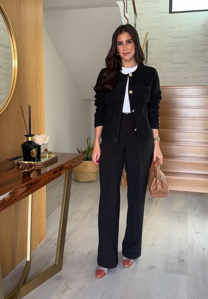 Black Buttoned Cardigan + White Top + Black Wide-Leg Trousers