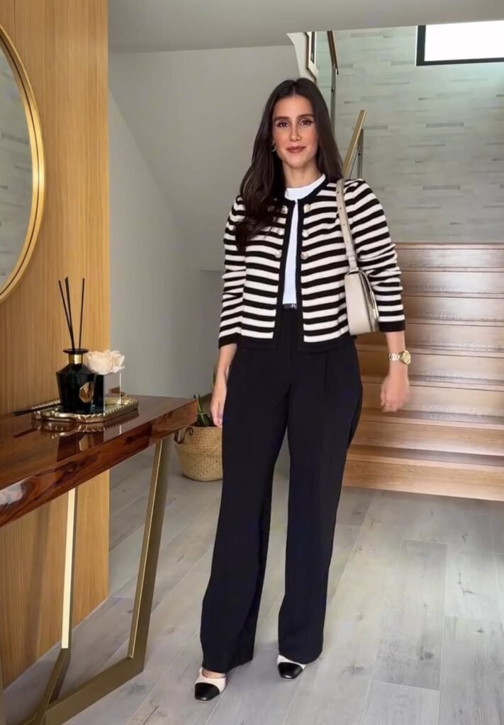 Striped Cardigan + White Top + Black Tailored Trousers