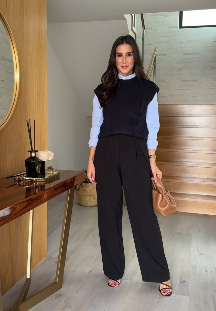 Black Knit Vest + Blue Button-Down Shirt + Black Wide-Leg Trousers