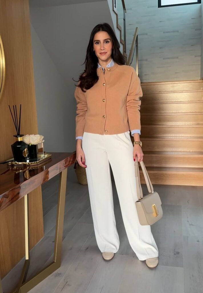 Camel Cardigan + Blue Button-Down Shirt + White Wide-Leg Trousers