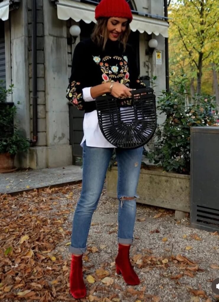 Black Embroidered Sweater + Distressed Slim Jeans + Red Velvet Ankle Boots