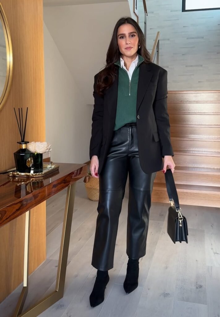 Green Half-Zip Knit + White Shirt + Black Blazer + Black Leather Pants