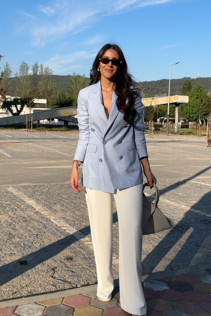 Light Blue Double-Breasted Blazer + White Wide-Leg Trousers + Grey Tote