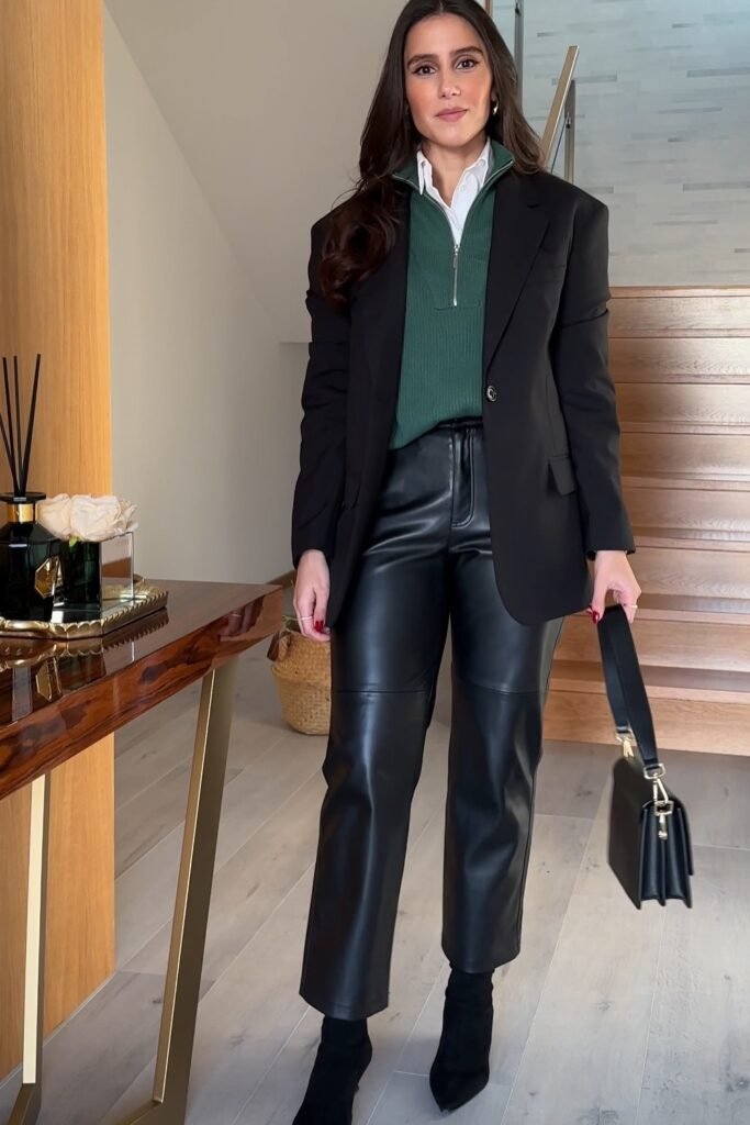 Green Half-Zip Knit + White Shirt + Black Blazer + Black Leather Pants