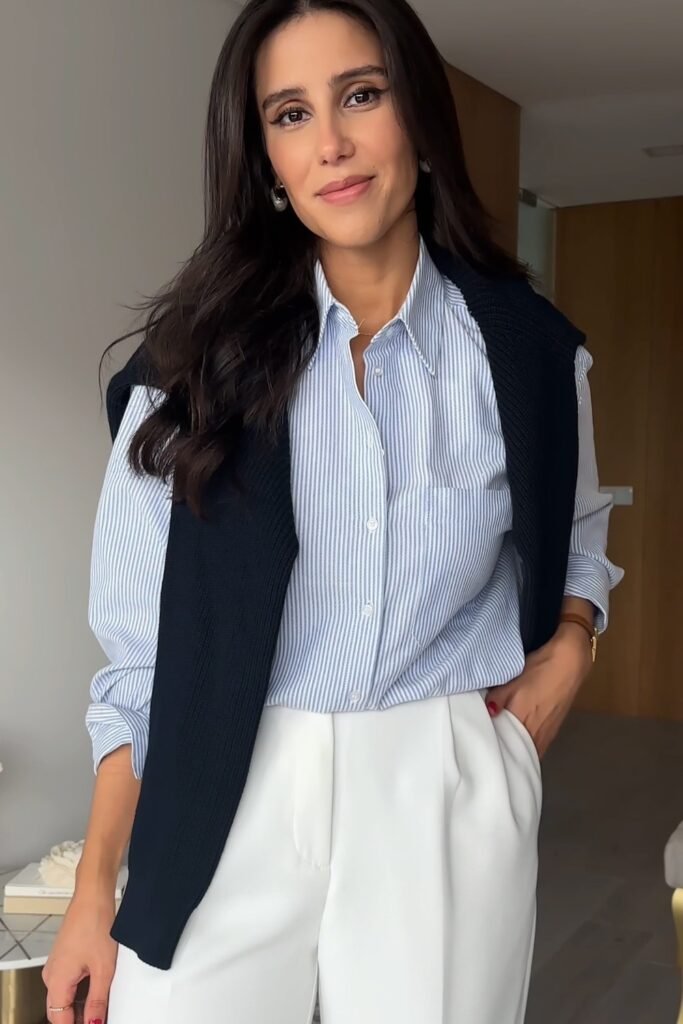 Navy Knit Vest + Blue Pinstripe Shirt + White Tailored Pants