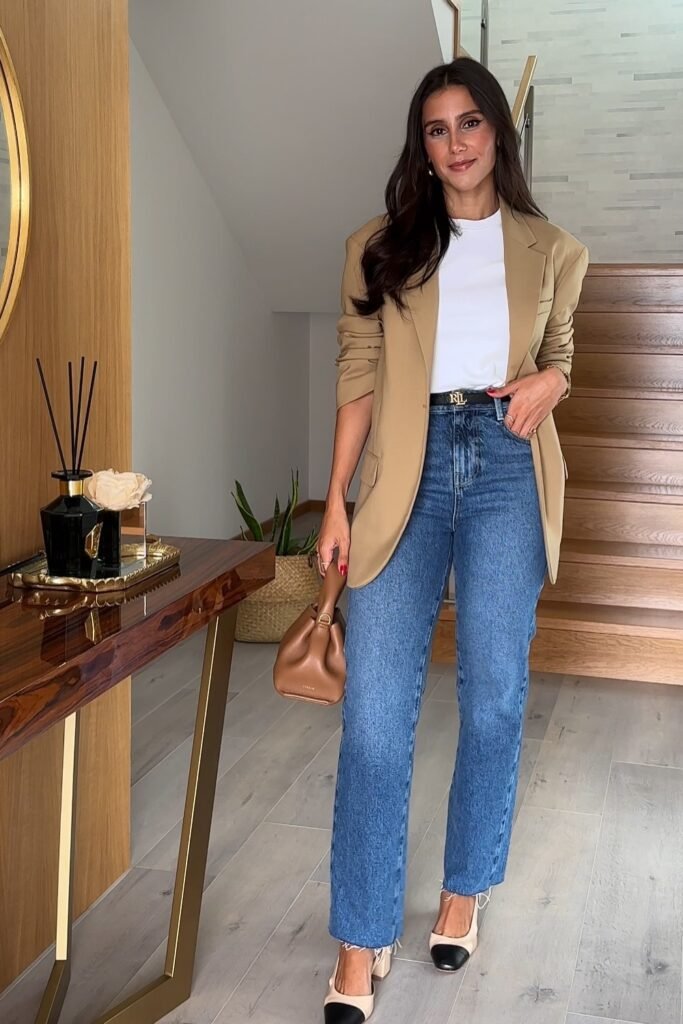 Camel Blazer + White T-Shirt + Straight-Leg Jeans
