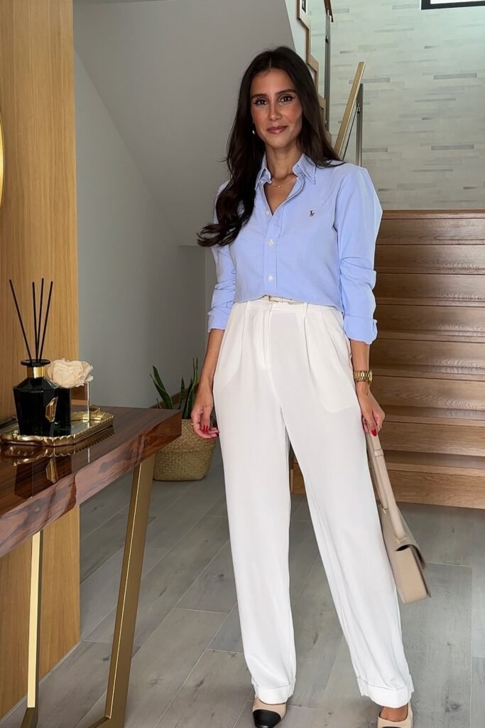 Light Blue Shirt + White Pleated Trousers + Two-Tone Heels