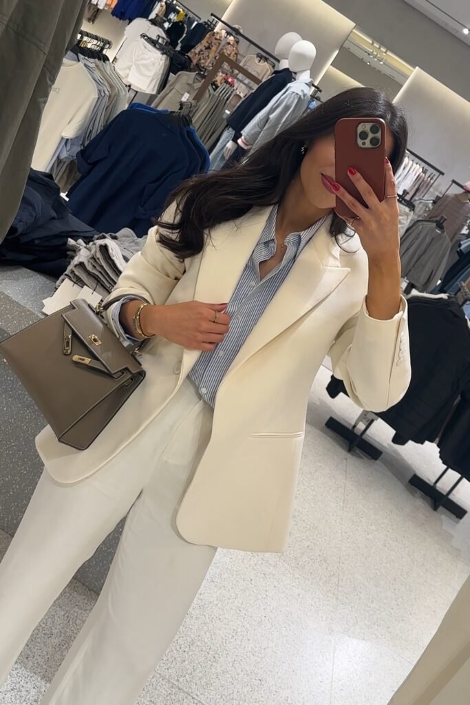 Cream Blazer + Blue Pinstripe Shirt + White Tailored Trousers