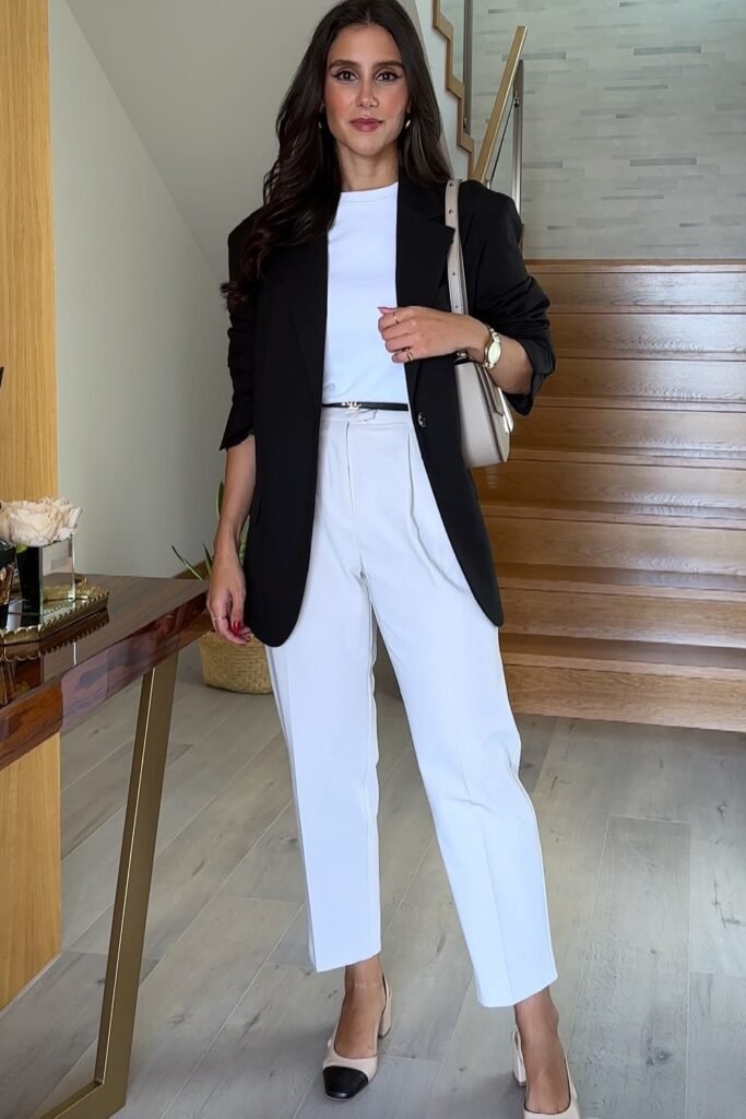 Black Blazer + White T-Shirt + White Cropped Trousers