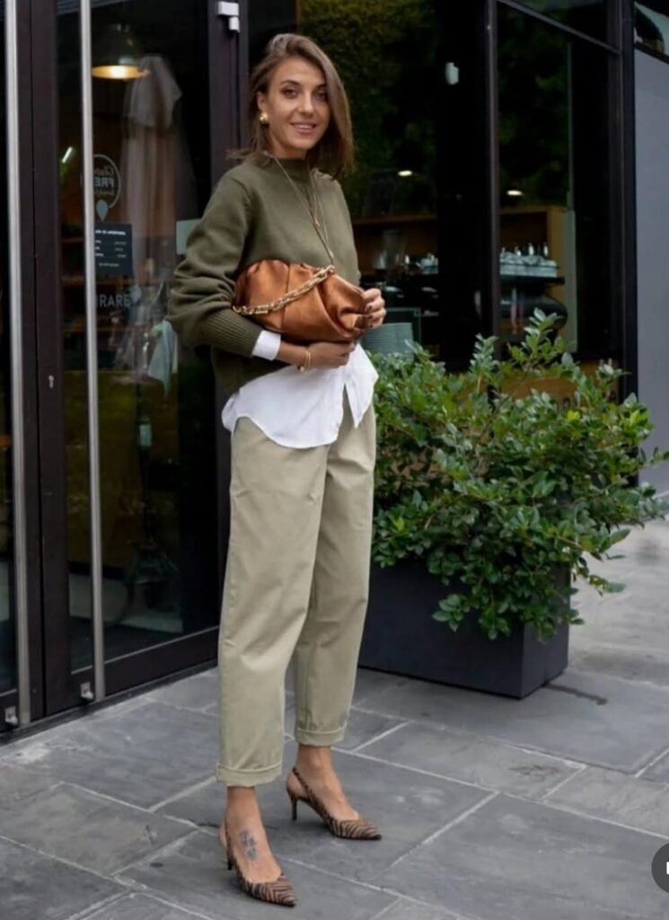 Olive Green Knit Sweater + White Button-Up Shirt + Beige Tapered Trousers