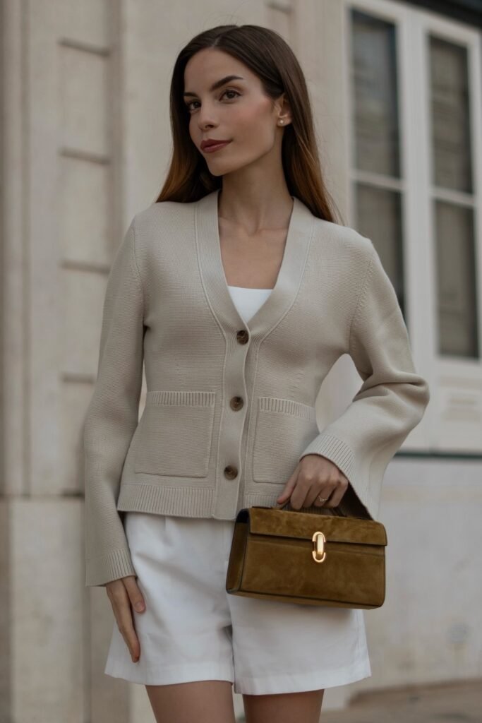 Cream Cardigan + White Tank Top + White Tailored Shorts