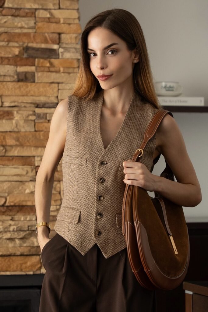 Tweed Waistcoat + Brown Pleated Trousers + Suede Shoulder Bag