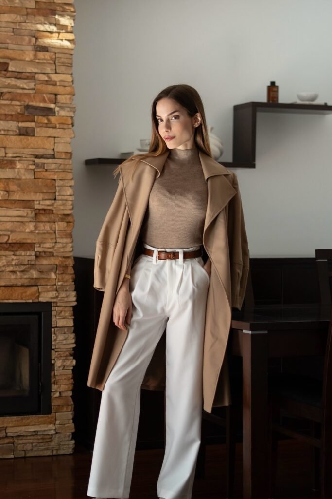 Taupe Turtleneck + White Pleated Trousers + Camel Long Coat