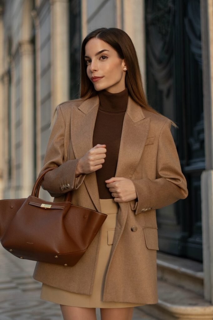 Brown Turtleneck + Camel Blazer + Camel Mini Skirt