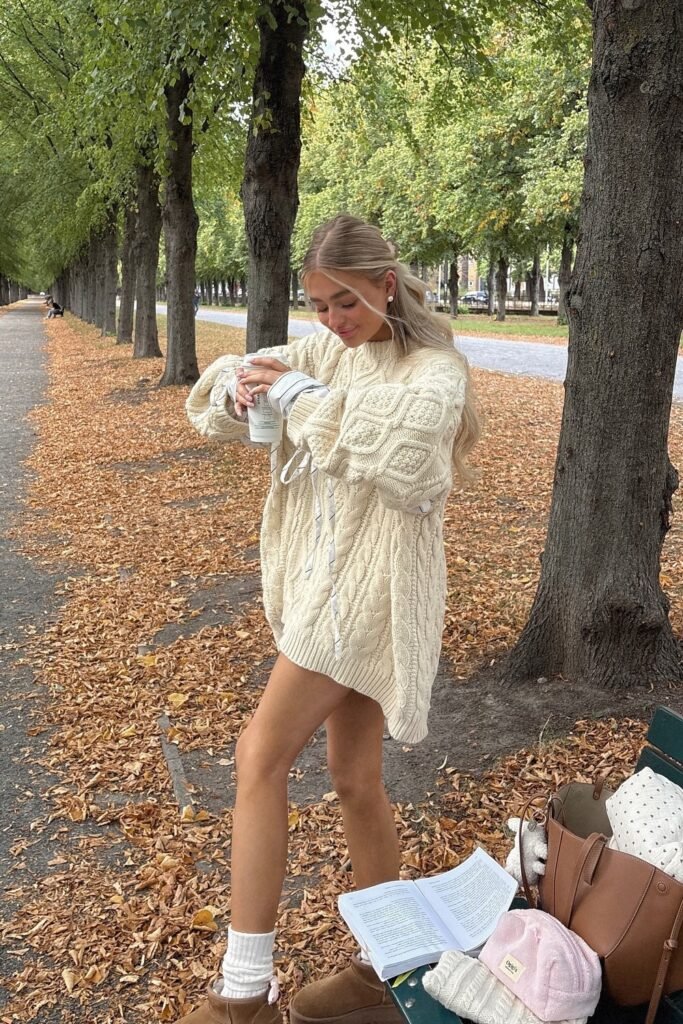Oversized Cream Cable-Knit Sweater + Socks + Chestnut Ankle Boots