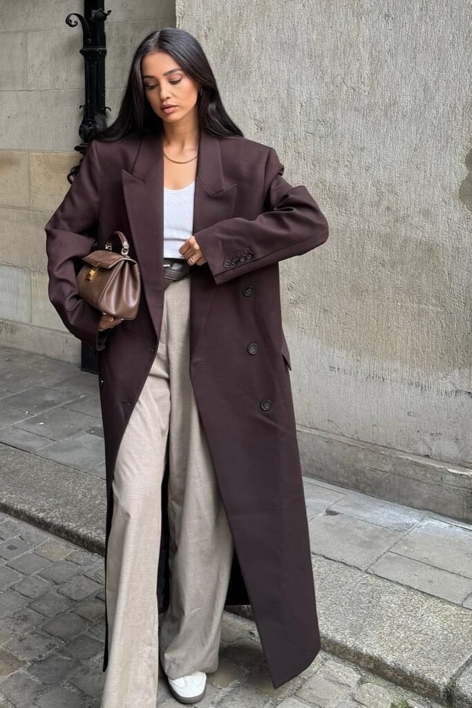 Chocolate Oversized Coat + White Tank Top + Taupe Wide-Leg Trousers