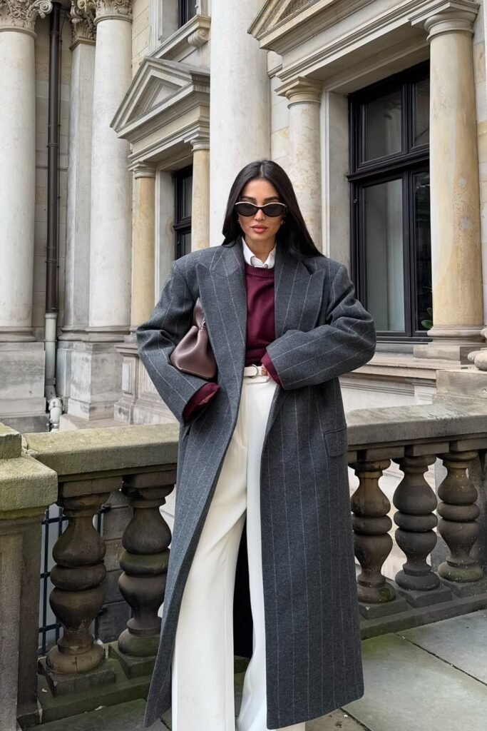 Grey Pinstripe Coat + Burgundy Sweater + White Tailored Trousers