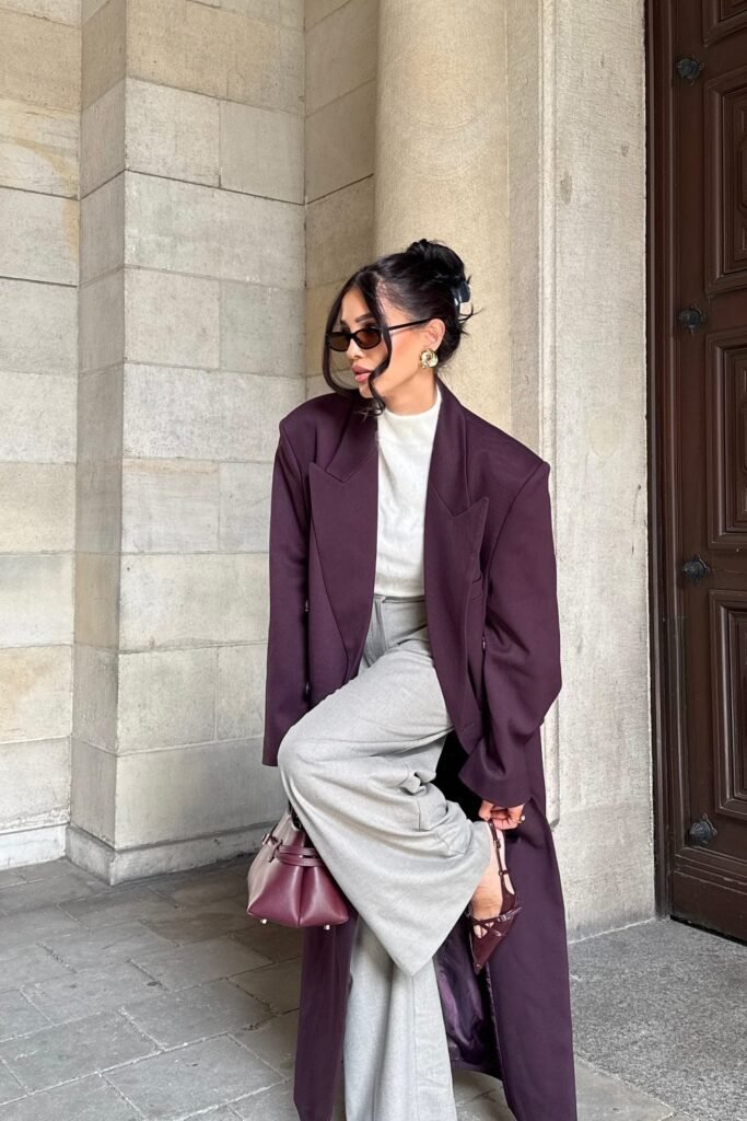 Plum Longline Blazer + Ivory Turtleneck + Light Grey Wide-Leg Trousers