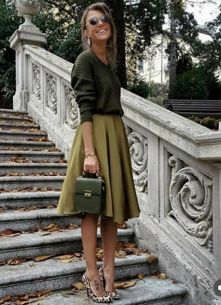 Olive Green Knit Sweater + A-Line Midi Skirt + Leopard Print Heels
