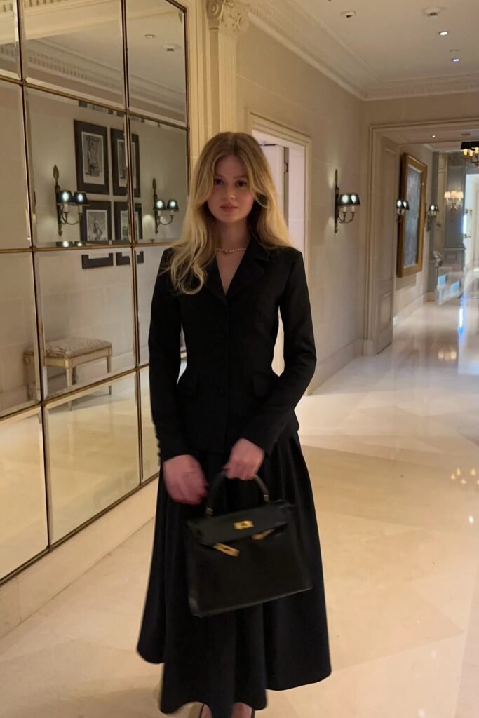 Black Tailored Jacket + Black Midi Skirt + Structured Black Bag