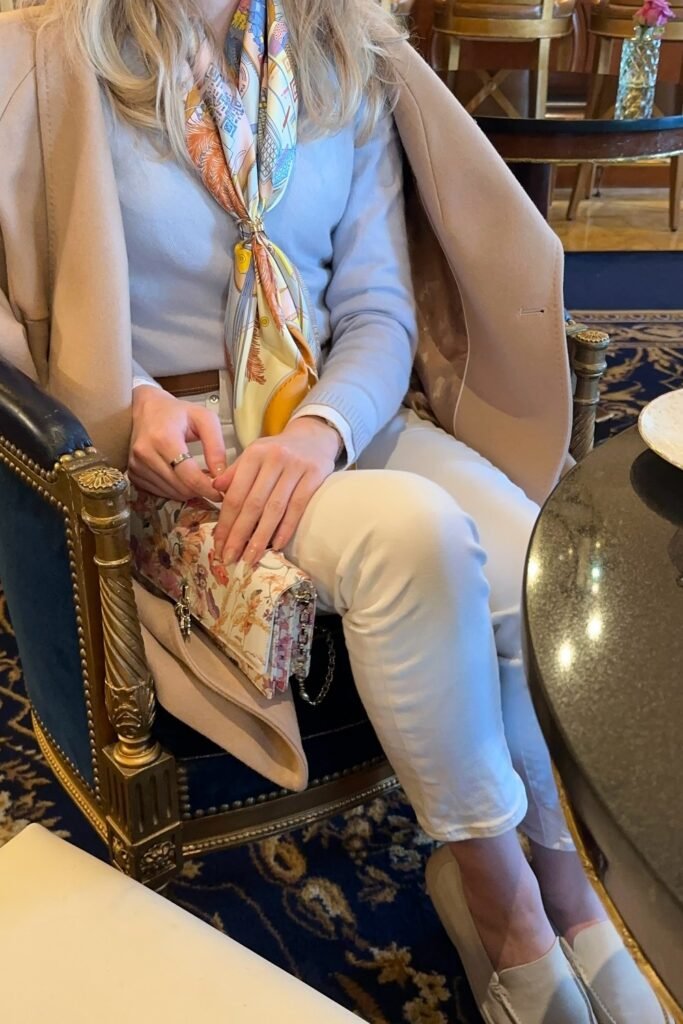 Pale Blue Sweater + White Slim Pants + Printed Silk Scarf