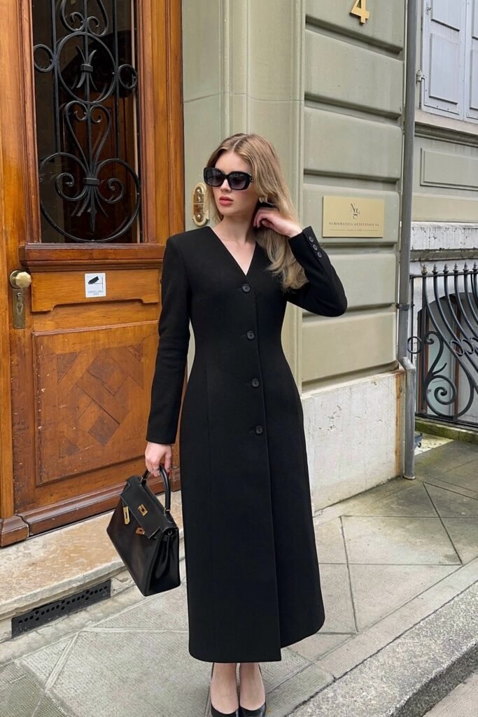 Black Longline Buttoned Dress + Black Heels + Black Top-Handle Bag