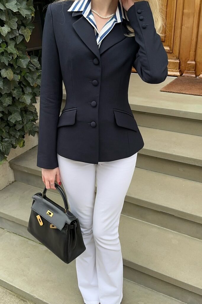 Navy Fitted Blazer + Blue Striped Shirt + White Slim Pants