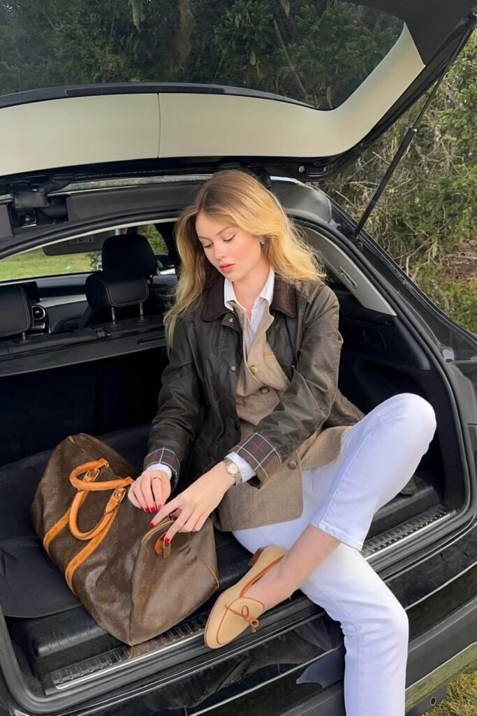 Tweed Blazer + White Shirt + Waxed Brown Jacket + White Slim Pants