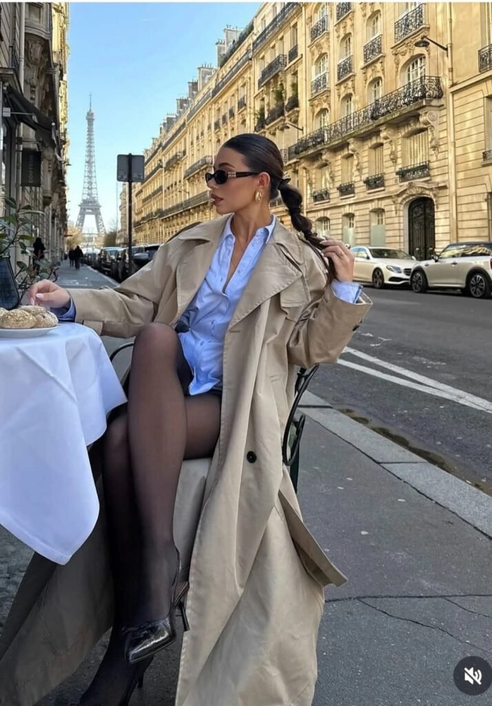 Light Blue Button-Down Shirt + Beige Trench Coat + Black Sheer Tights