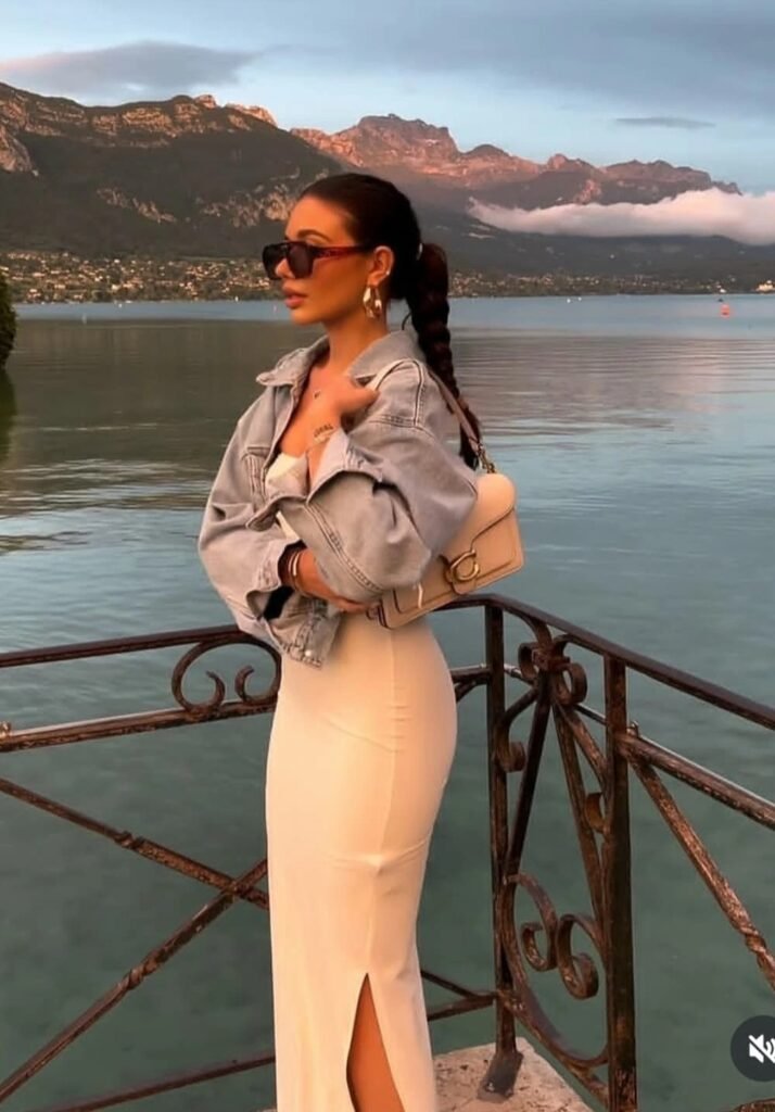 White Bodycon Maxi Dress + Cropped Denim Jacket + Cream Shoulder Bag