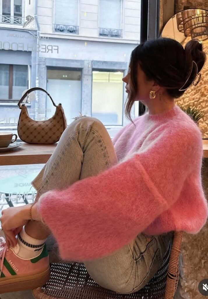 Pink Fluffy Sweater + Light-Wash Jeans + Pink Sneakers