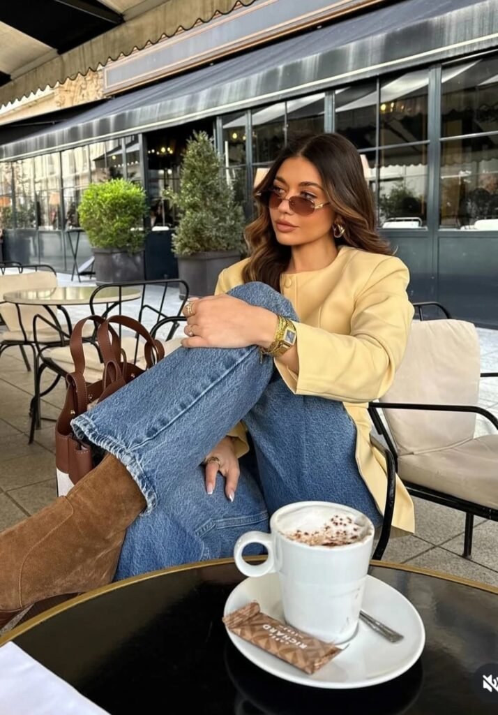 Butter Yellow Blazer + Blue Straight-Leg Jeans + Brown Suede Boots