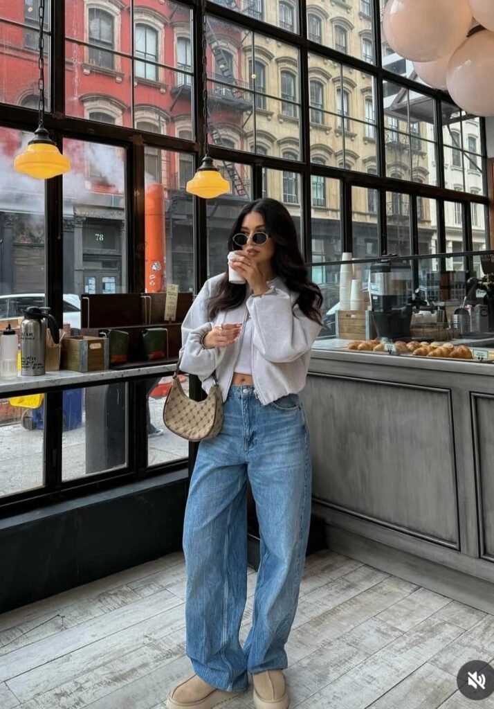 Grey Cropped Hoodie + White Crop Top + Wide-Leg Jeans + Beige Slippers
