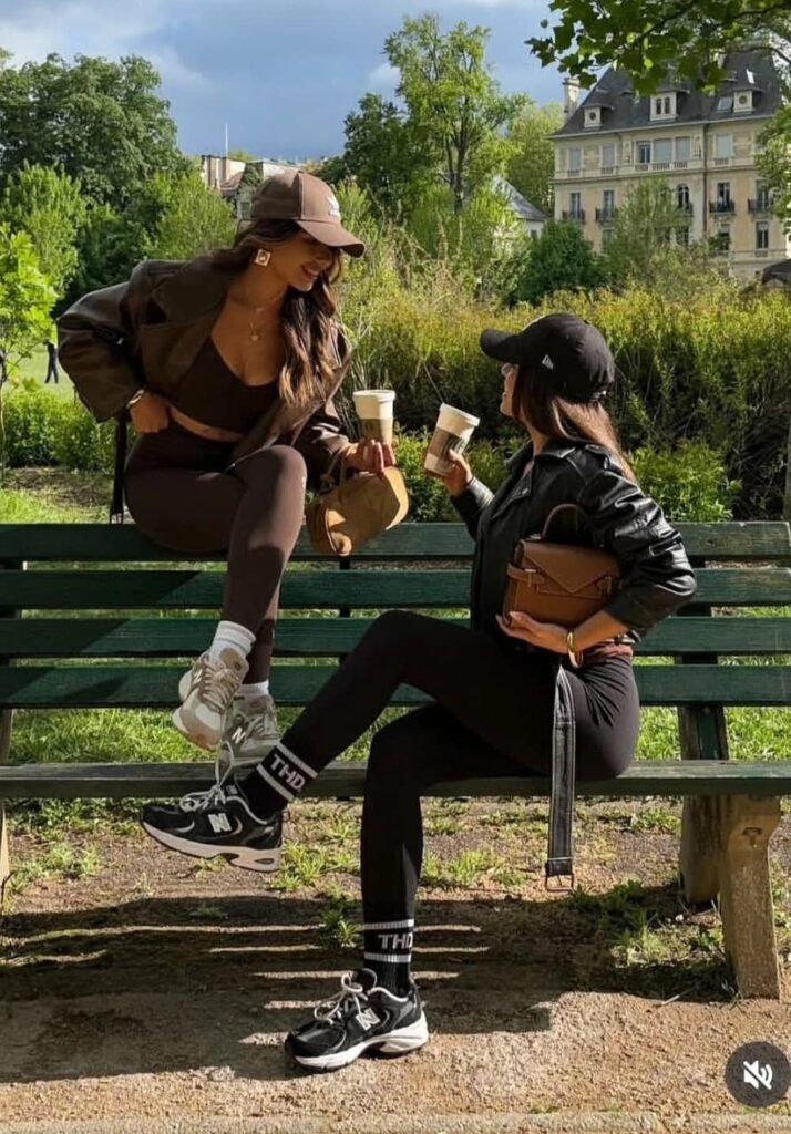 Brown Activewear Set + Cropped Leather Jacket + Baseball Cap + Sneakers